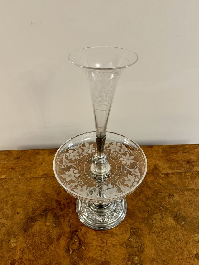 Antique Fine quality antique Victorian silver plated and etched glass epergne by Walker & Hall