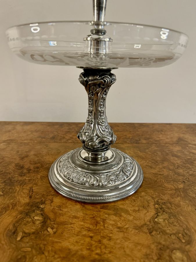 Antique Fine quality antique Victorian silver plated and etched glass epergne by Walker & Hall