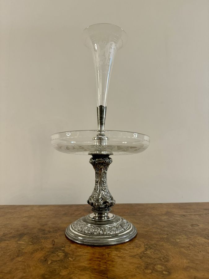 Antique Fine quality antique Victorian silver plated and etched glass epergne by Walker & Hall