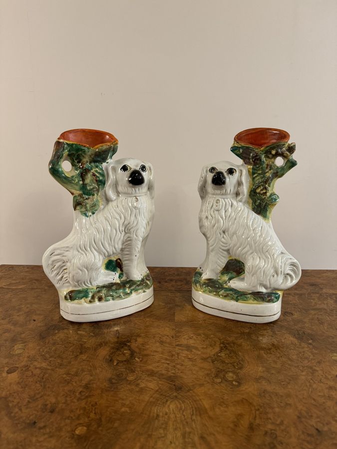 Antique Quality pair of antique Victorian Staffordshire spaniel spill vases 