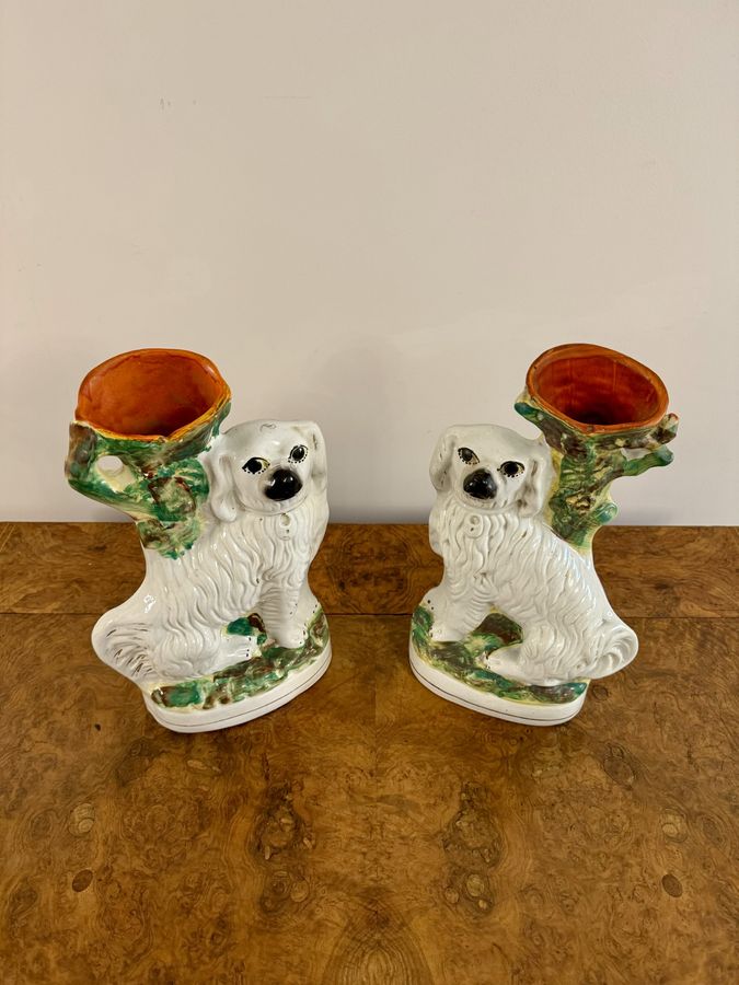 Antique Quality pair of antique Victorian Staffordshire spaniel spill vases 