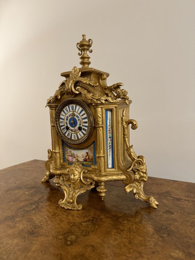 Antique Elegant quality 19th century French gilt metal and porcelain clock