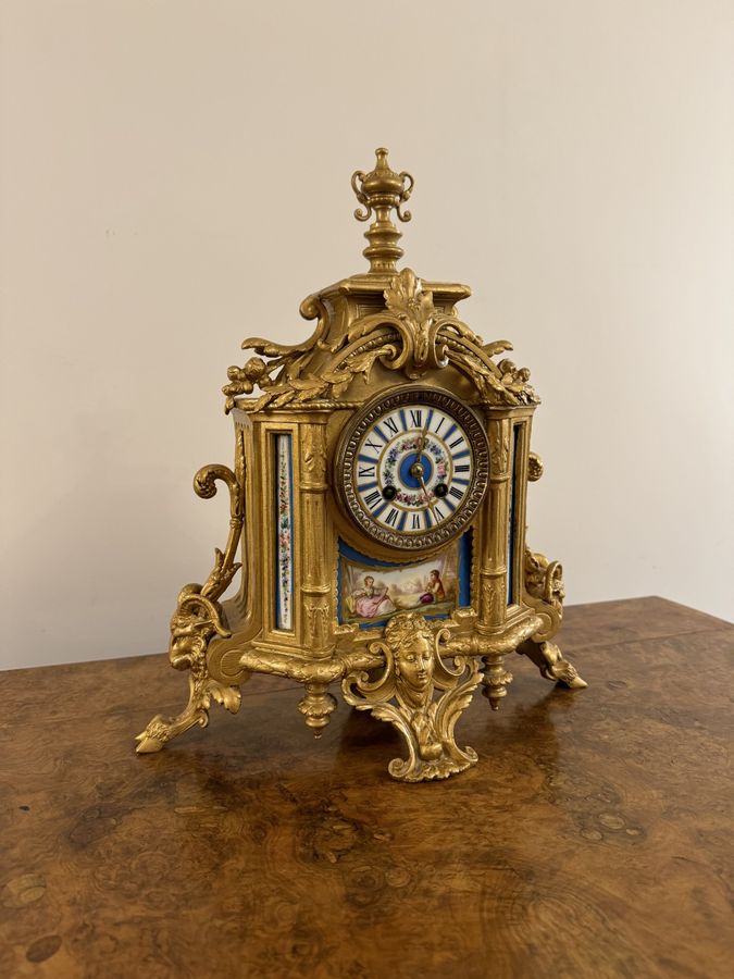 Antique Elegant quality 19th century French gilt metal and porcelain clock