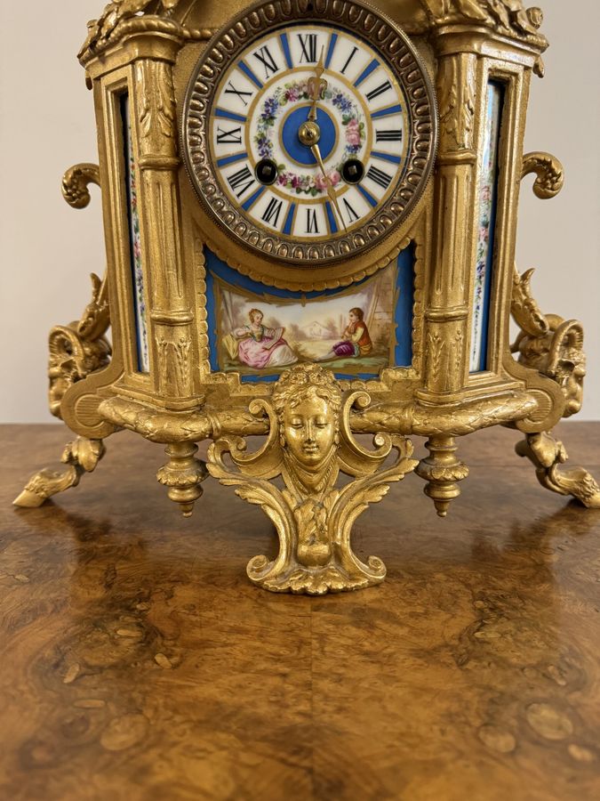 Antique Elegant quality 19th century French gilt metal and porcelain clock