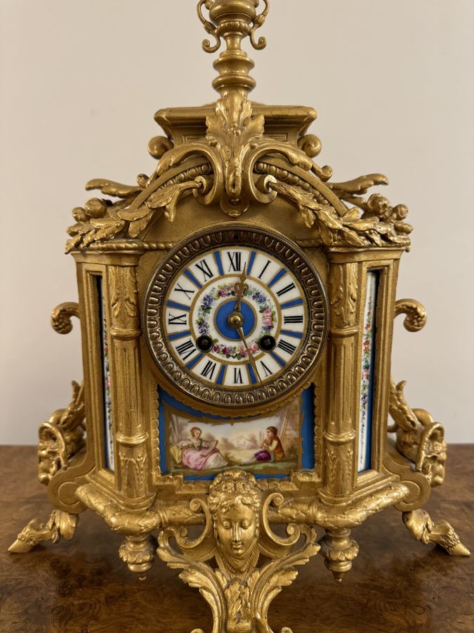 Antique Elegant quality 19th century French gilt metal and porcelain clock