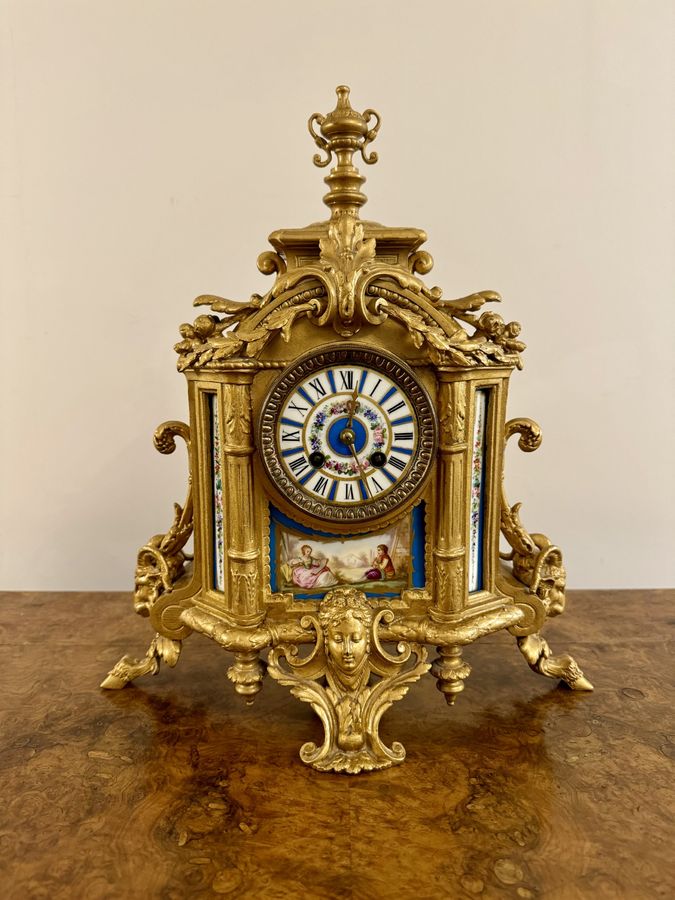 Antique Elegant quality 19th century French gilt metal and porcelain clock