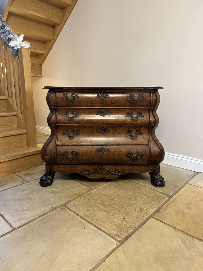 Outstanding quality 18th century Dutch antique burr walnut bombe chest of drawers