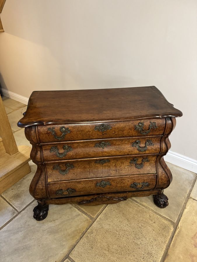 Antique Outstanding quality 18th century Dutch antique burr walnut bombe chest of drawers 