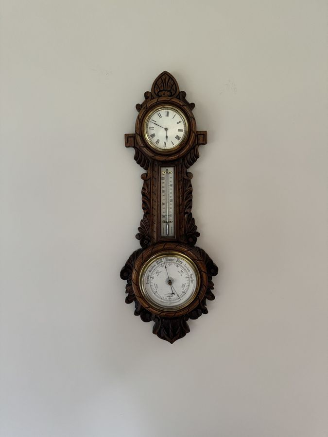 Lovely quality antique Edwardian carved oak banjo clock barometer