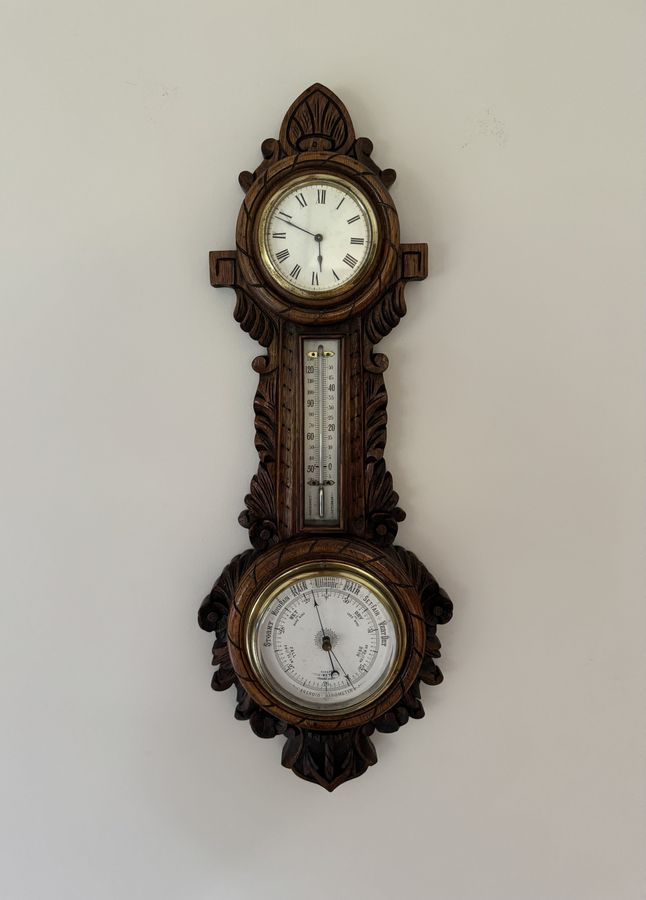 Antique Lovely quality antique Edwardian carved oak banjo clock barometer 