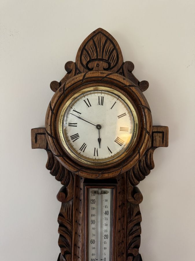 Antique Lovely quality antique Edwardian carved oak banjo clock barometer 