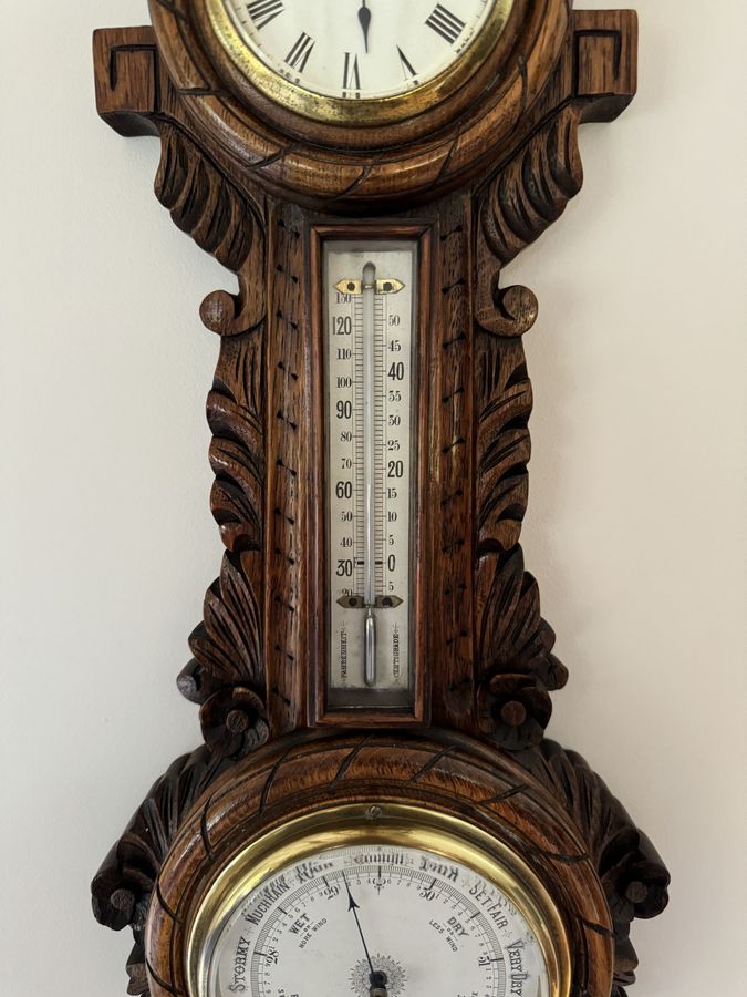 Antique Lovely quality antique Edwardian carved oak banjo clock barometer 