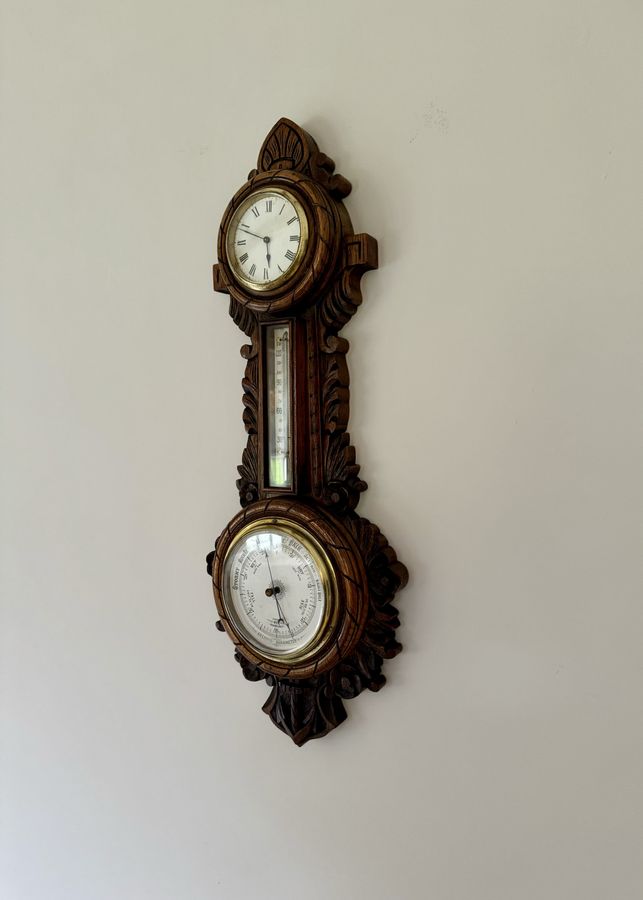 Antique Lovely quality antique Edwardian carved oak banjo clock barometer 