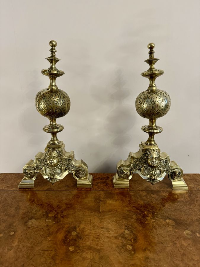 Outstanding quality pair of antique Victorian ornate brass firedogs