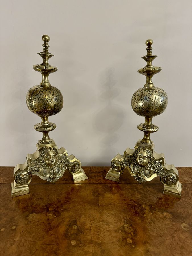 Antique Outstanding quality pair of antique Victorian ornate brass firedogs 