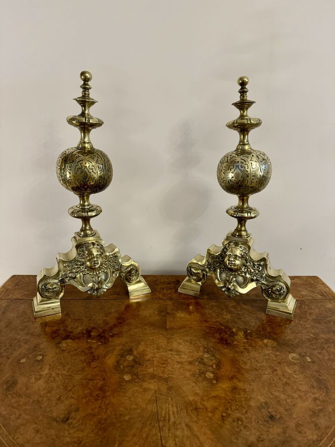 Antique Outstanding quality pair of antique Victorian ornate brass firedogs 