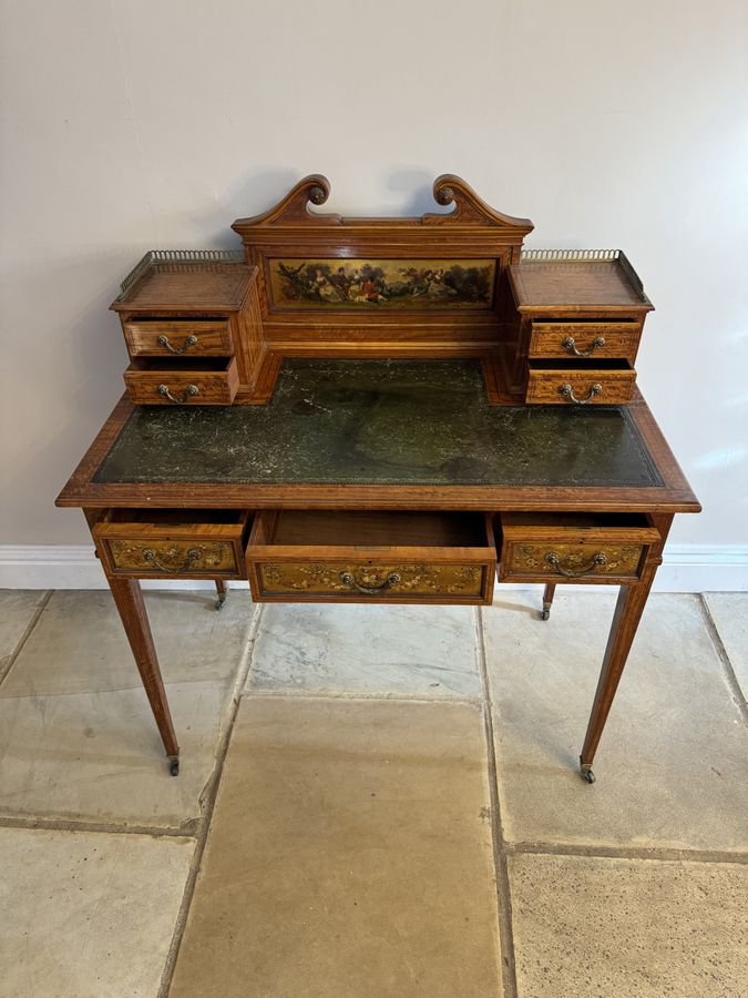 Antique Fine quality antique Edwardian freestanding decorated inlaid satinwood desk 