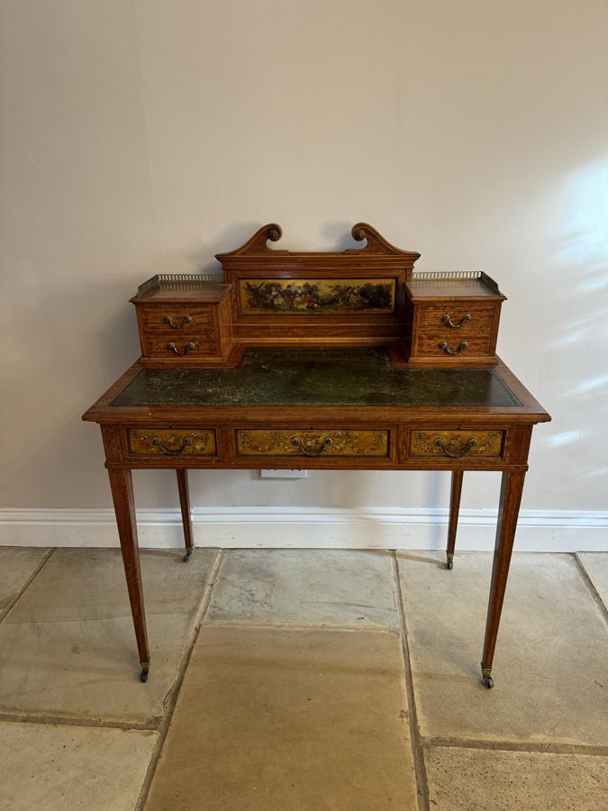 Antique Fine quality antique Edwardian freestanding decorated inlaid satinwood desk 