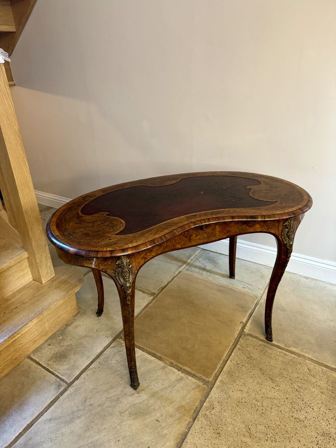 Antique Antique Victorian freestanding quality inlaid burr walnut kidney writing table 