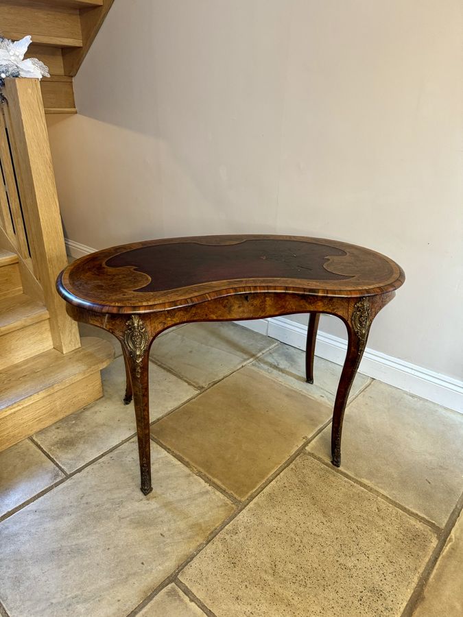 Antique Antique Victorian freestanding quality inlaid burr walnut kidney writing table 