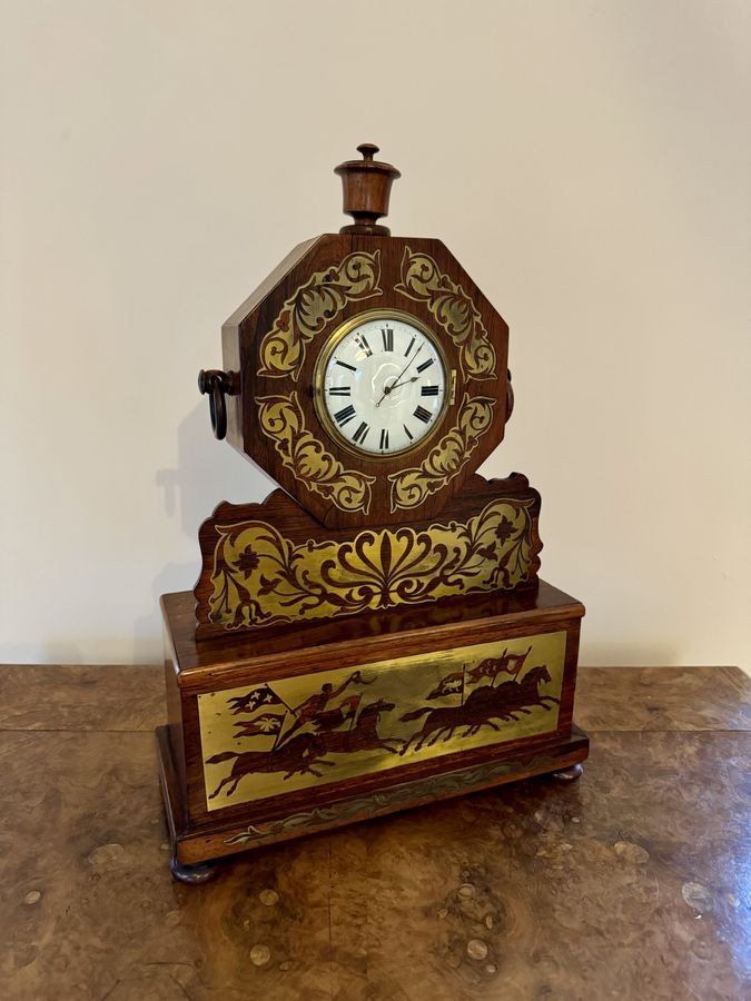 Antique Wonderful quality antique Regency rosewood brass inlaid mantle clock 