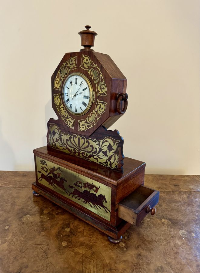 Antique Wonderful quality antique Regency rosewood brass inlaid mantle clock 