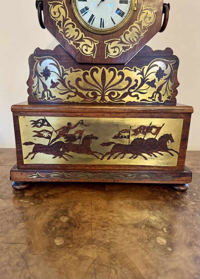 Antique Wonderful quality antique Regency rosewood brass inlaid mantle clock 