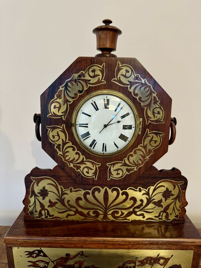 Antique Wonderful quality antique Regency rosewood brass inlaid mantle clock 