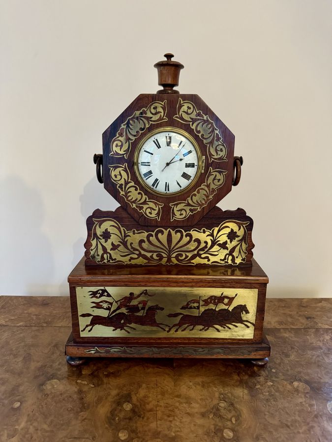 Antique Wonderful quality antique Regency rosewood brass inlaid mantle clock 