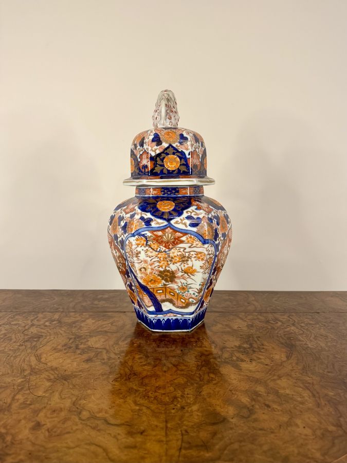 Antique Exceptional quality antique Japanese imari octagonal baluster vase and cover 