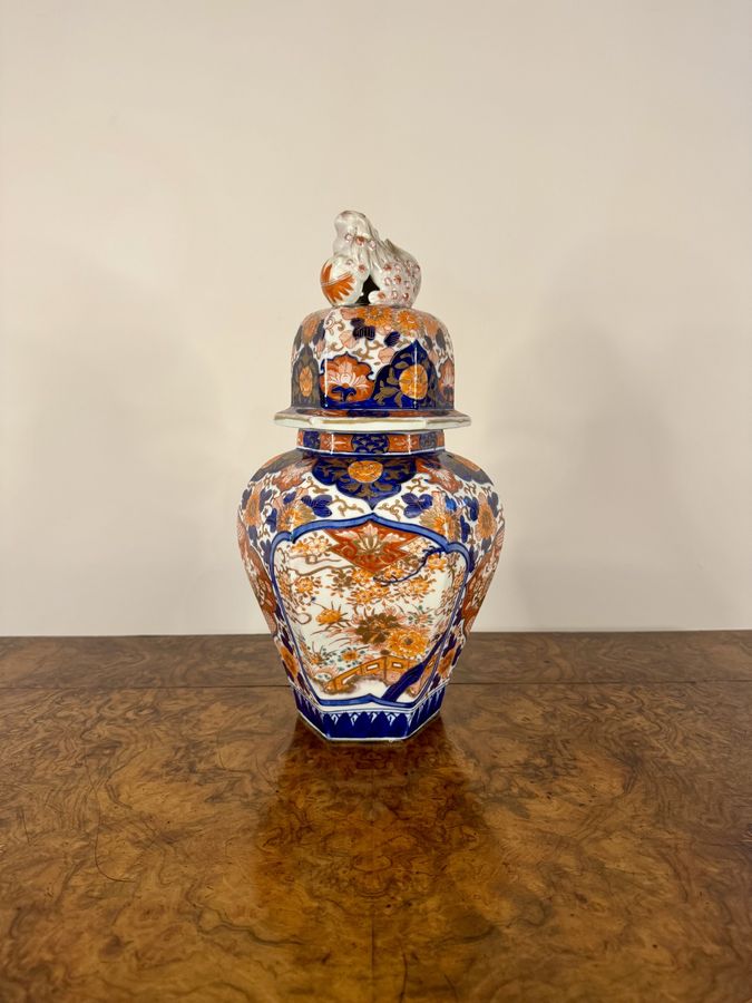 Antique Exceptional quality antique Japanese imari octagonal baluster vase and cover 