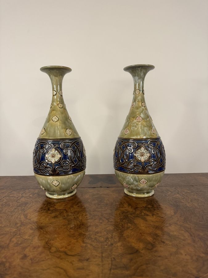 Outstanding quality pair of antique Art Nouveau Royal Doulton stoneware baluster vases by Louisa ...