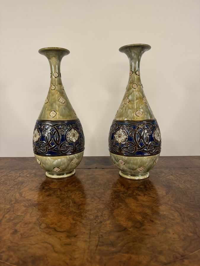 Antique Outstanding quality pair of antique Art Nouveau Royal Doulton stoneware baluster vases by Louisa Wakely 