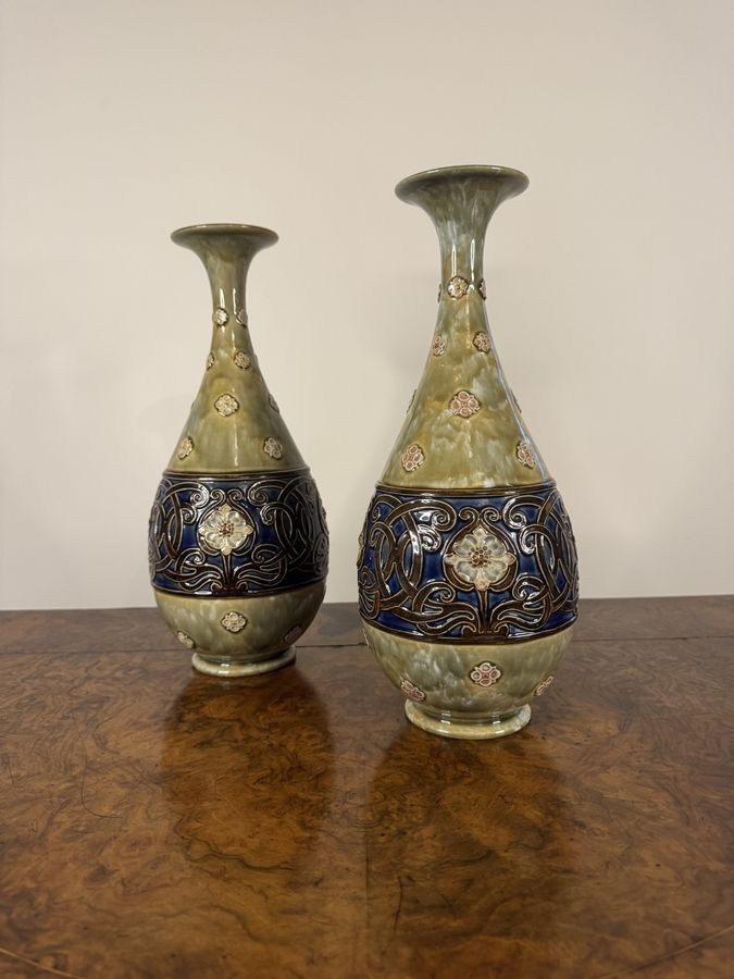 Antique Outstanding quality pair of antique Art Nouveau Royal Doulton stoneware baluster vases by Louisa Wakely 