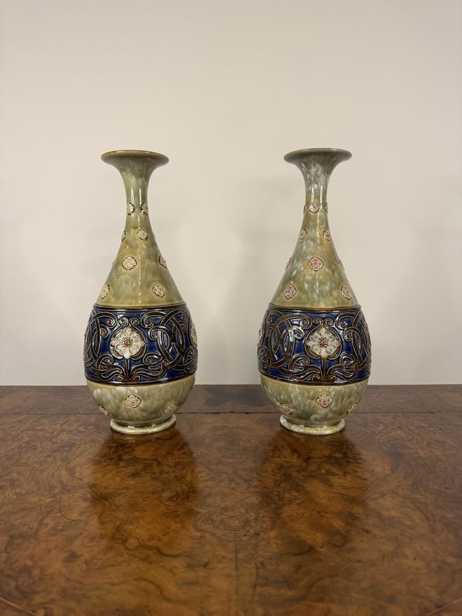 Antique Outstanding quality pair of antique Art Nouveau Royal Doulton stoneware baluster vases by Louisa Wakely 