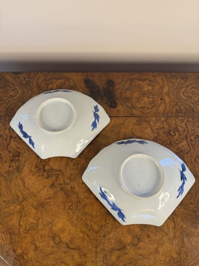 Antique Unusual pair of antique blue and white fan shaped Japanese imari dishes 