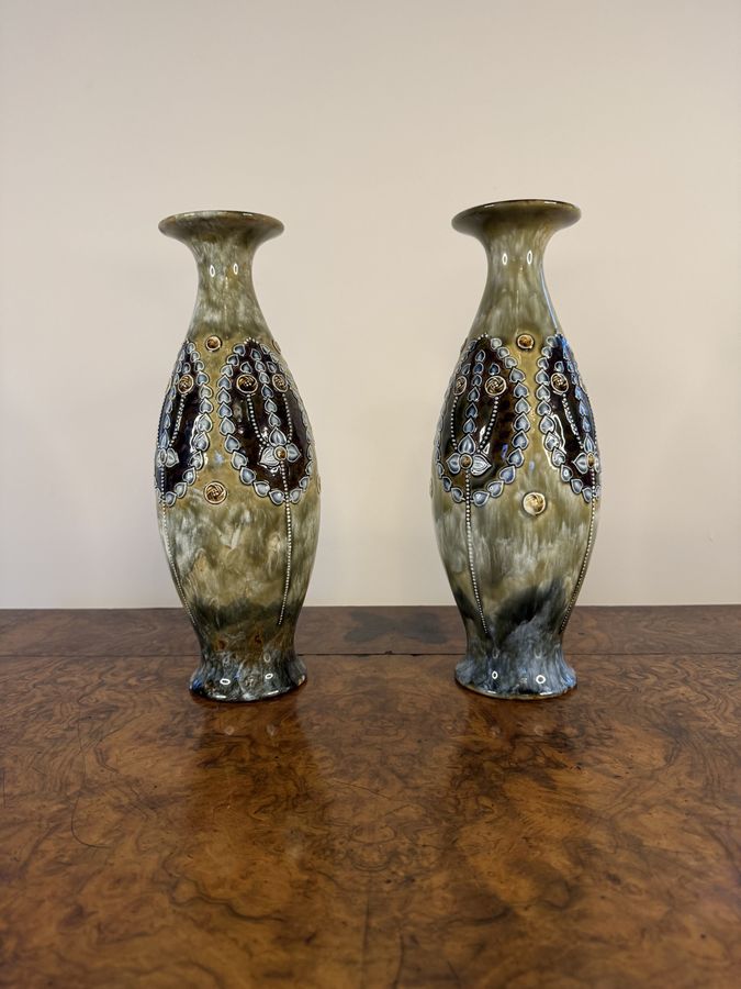 Antique Elegant quality pair of Art Nouveau Royal Doulton shaped vases