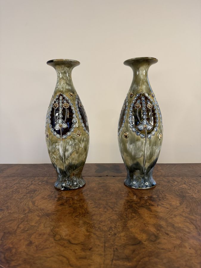 Antique Elegant quality pair of Art Nouveau Royal Doulton shaped vases