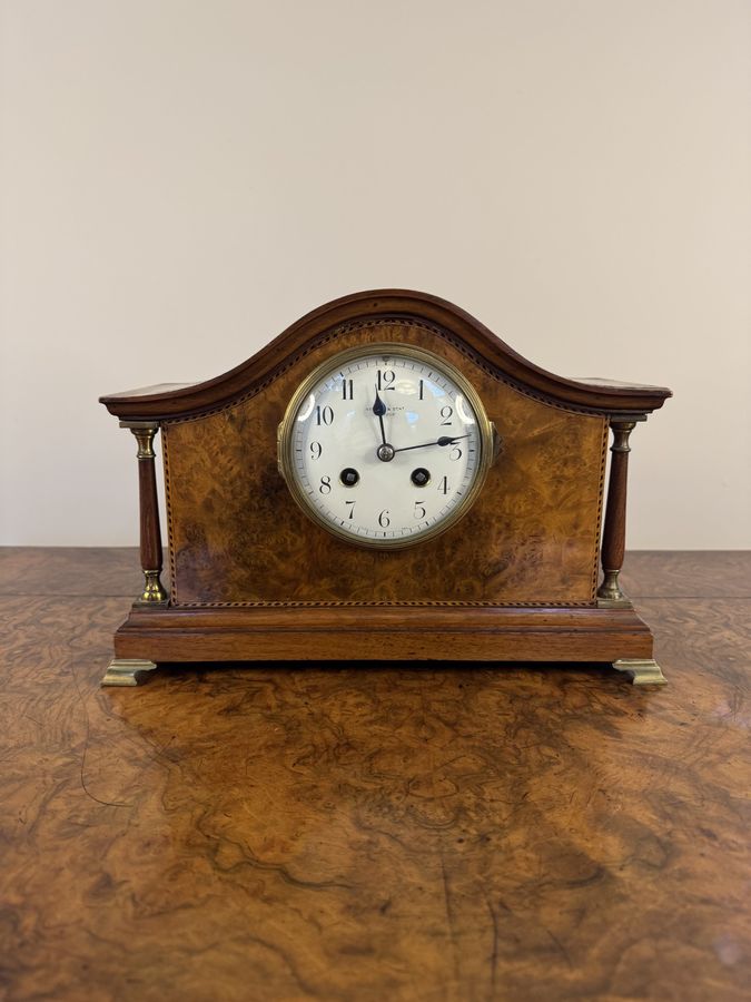 Quality antique burr walnut mantle clock by Kendal & Dent London