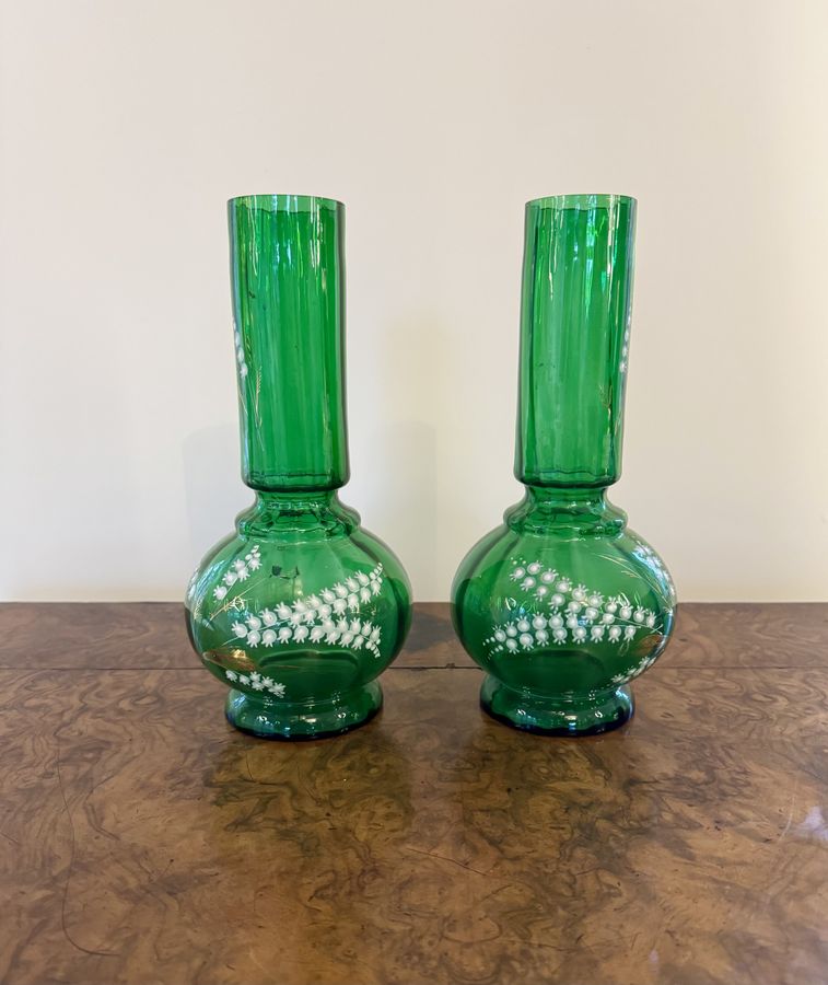 Antique Fine quality pair of antique green glass shaped vases 