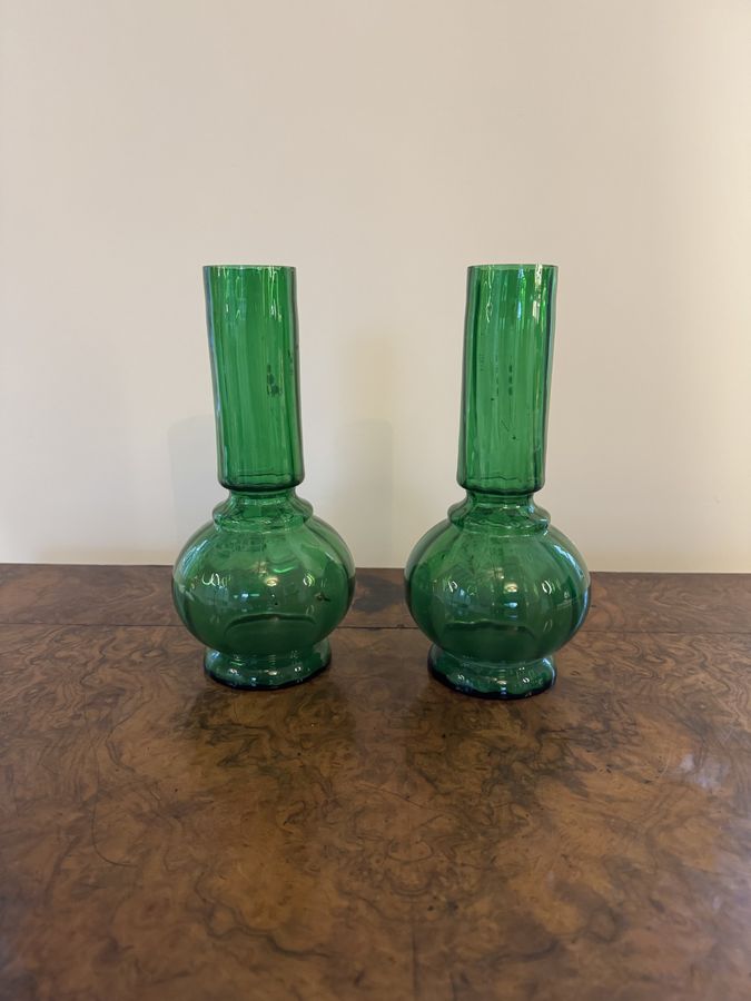 Antique Fine quality pair of antique green glass shaped vases 