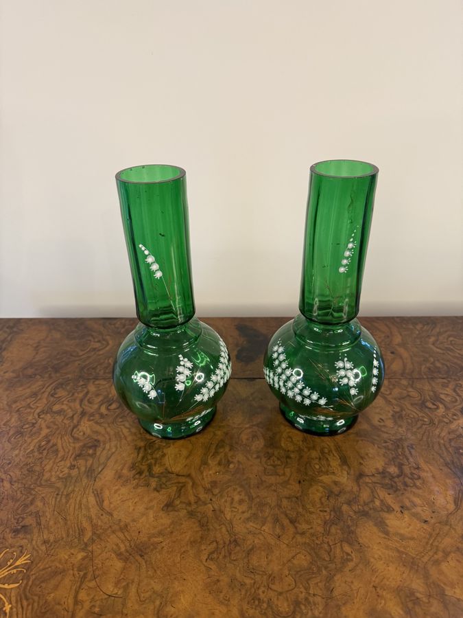 Antique Fine quality pair of antique green glass shaped vases 