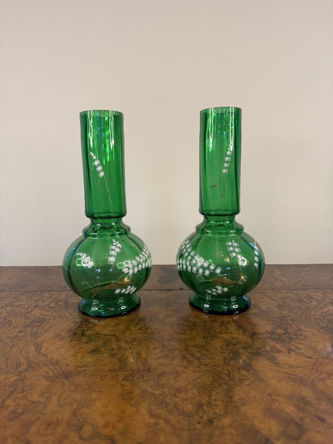 Antique Fine quality pair of antique green glass shaped vases 