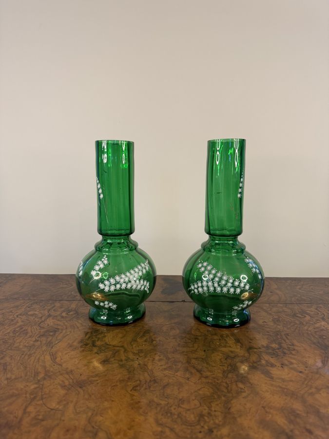 Antique Fine quality pair of antique green glass shaped vases 