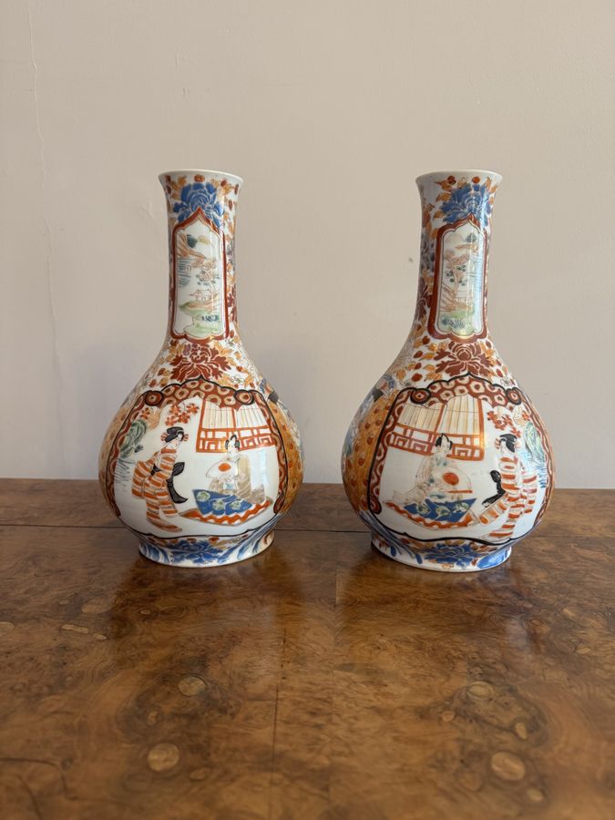 Antique Fine quality pair of antique Japanese imari bottle shaped vases