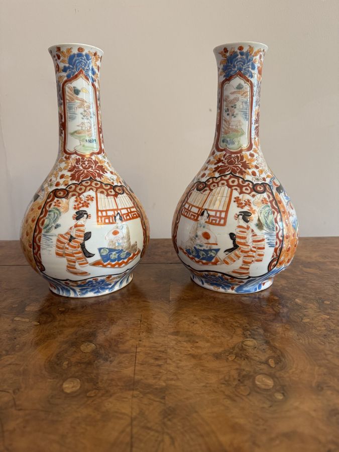 Antique Fine quality pair of antique Japanese imari bottle shaped vases