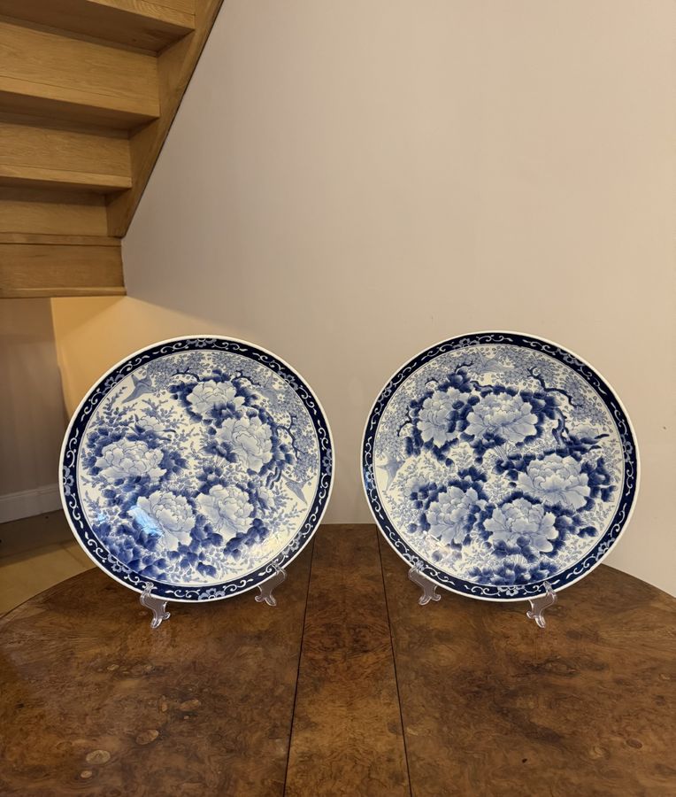 Antique Stunning quality pair of antique Japanese imari blue and white chargers