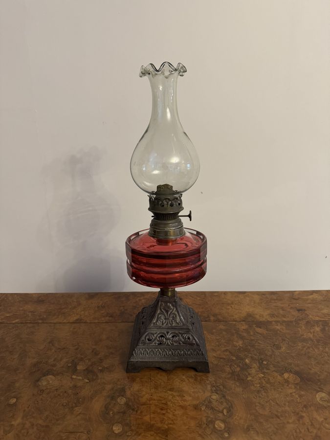 Pretty antique Victorian cranberry glass oil lamp