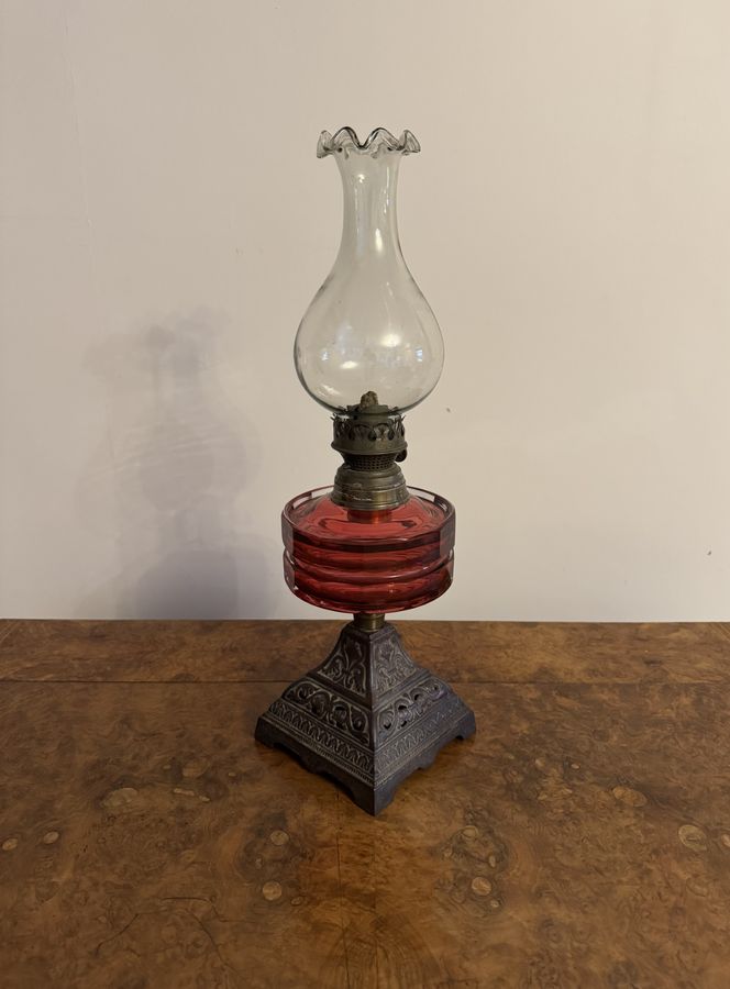 Antique Pretty antique Victorian cranberry glass oil lamp 