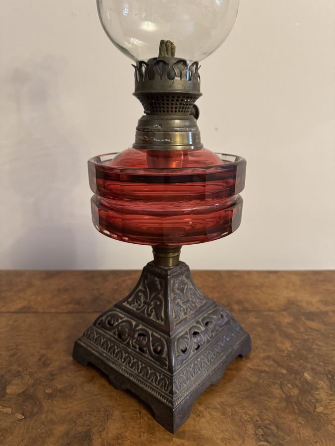 Antique Pretty antique Victorian cranberry glass oil lamp 